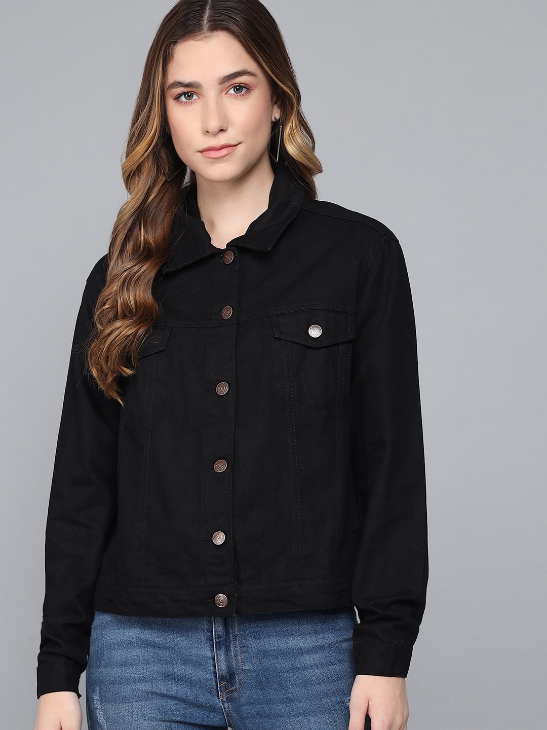 

Kotty Women Black Lightweight Denim Jacket with Embroidered
