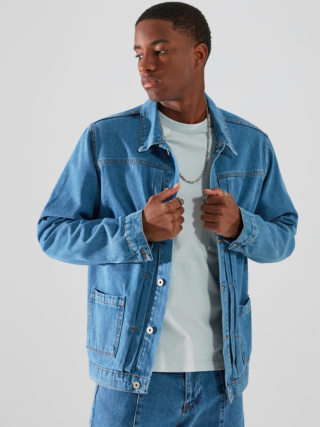 

Trendyol Men Blue Washed Denim Jacket with Patchwork