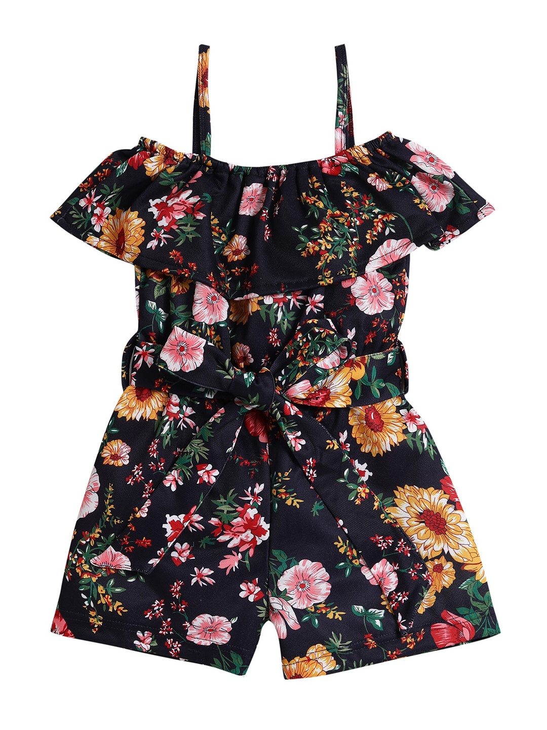 

Hopscotch Girls Navy Blue & Pink Floral Printed Basic Jumpsuit