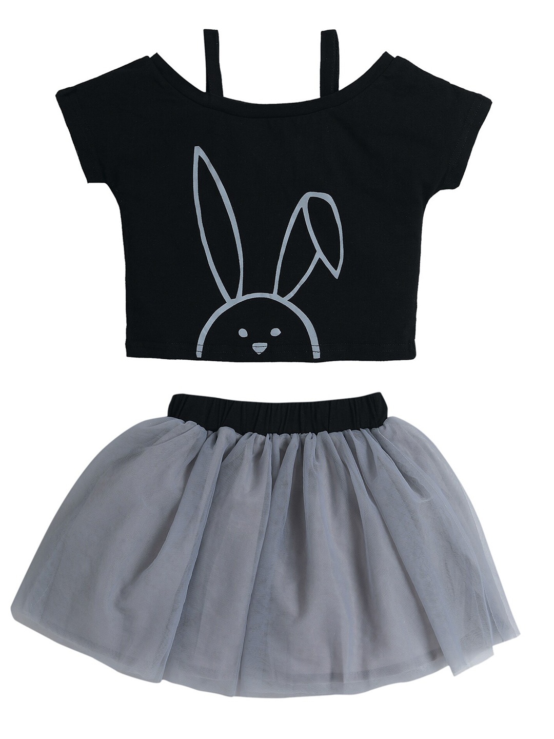 

Hopscotch Girls Black & Grey Printed Cold Shoulder Sleeves Top with Skirt