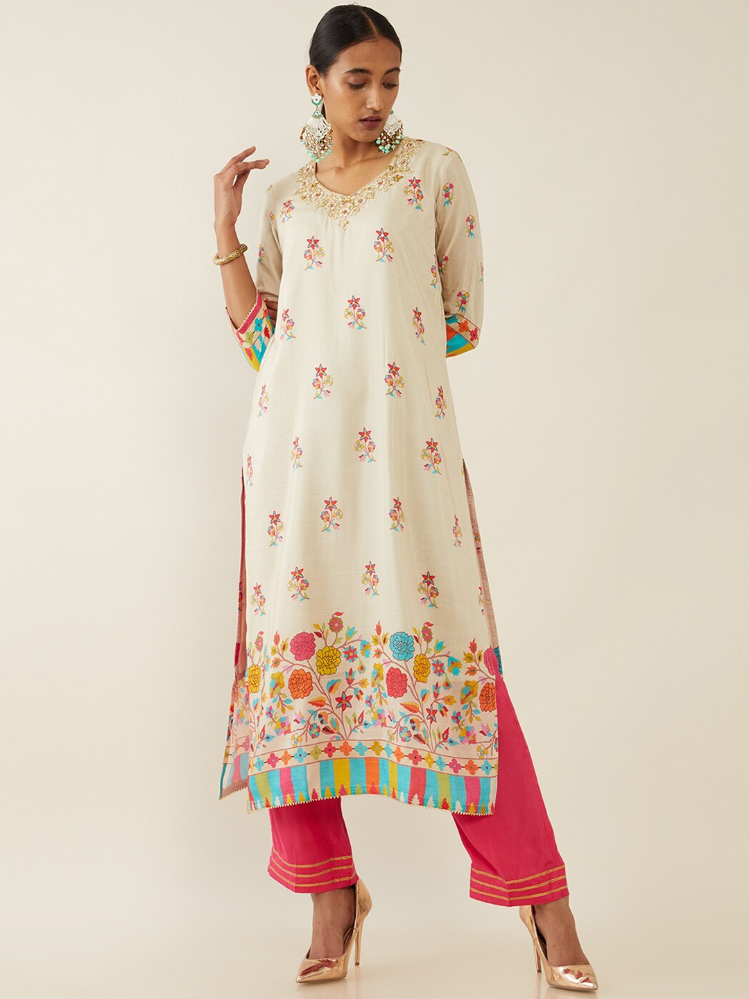 

Soch Women Beige Ethnic Motifs Printed Thread Work Kurta with Trousers
