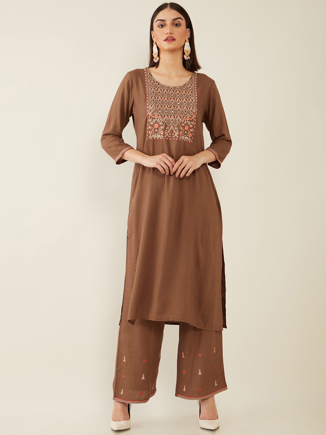 

Soch Women Brown Ethnic Motifs Yoke Design Pleated Phulkari Kurta with Trousers