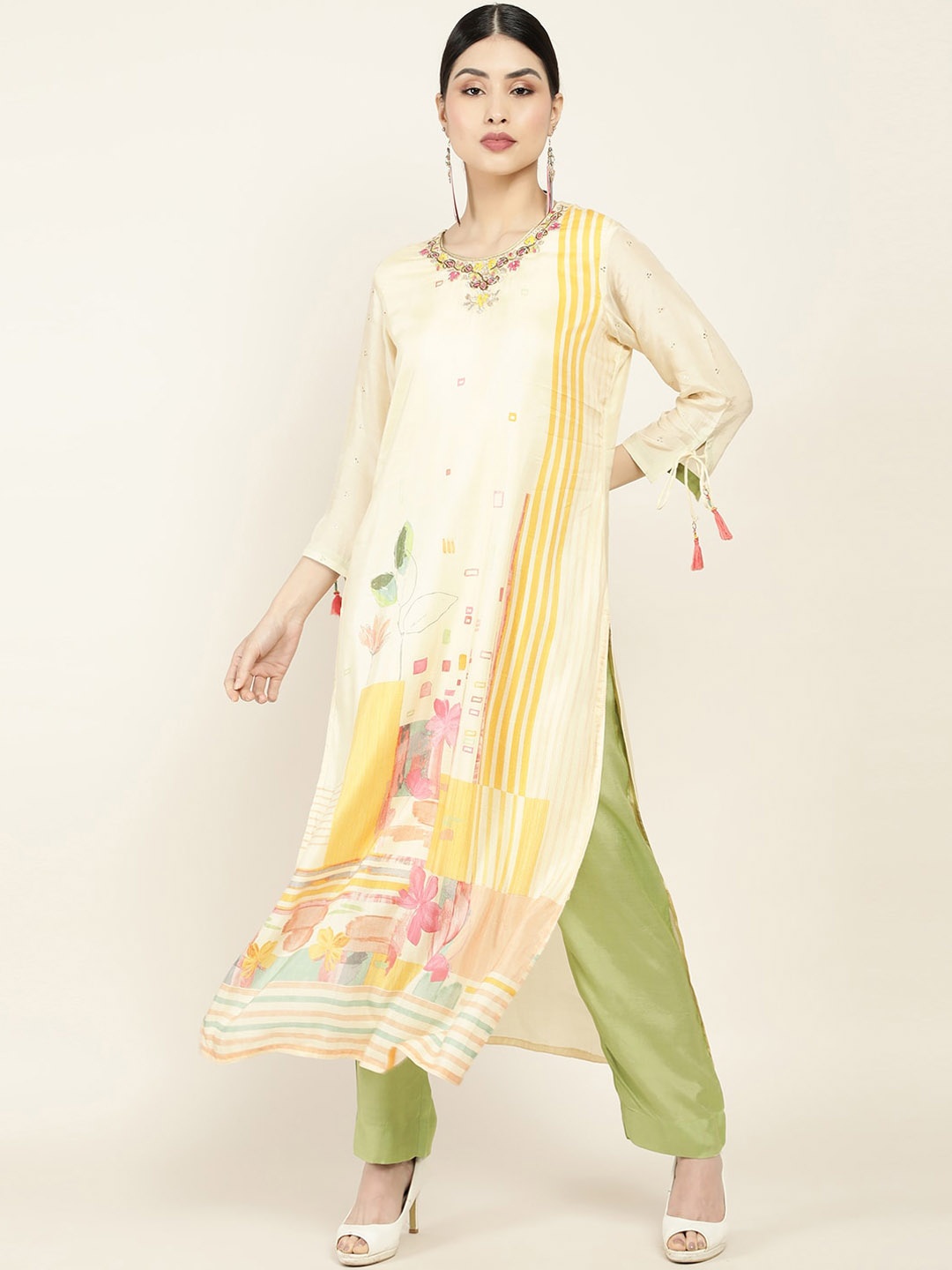 

Soch Women Cream-Coloured Floral Embroidered Kurta with Salwar & With Dupatta