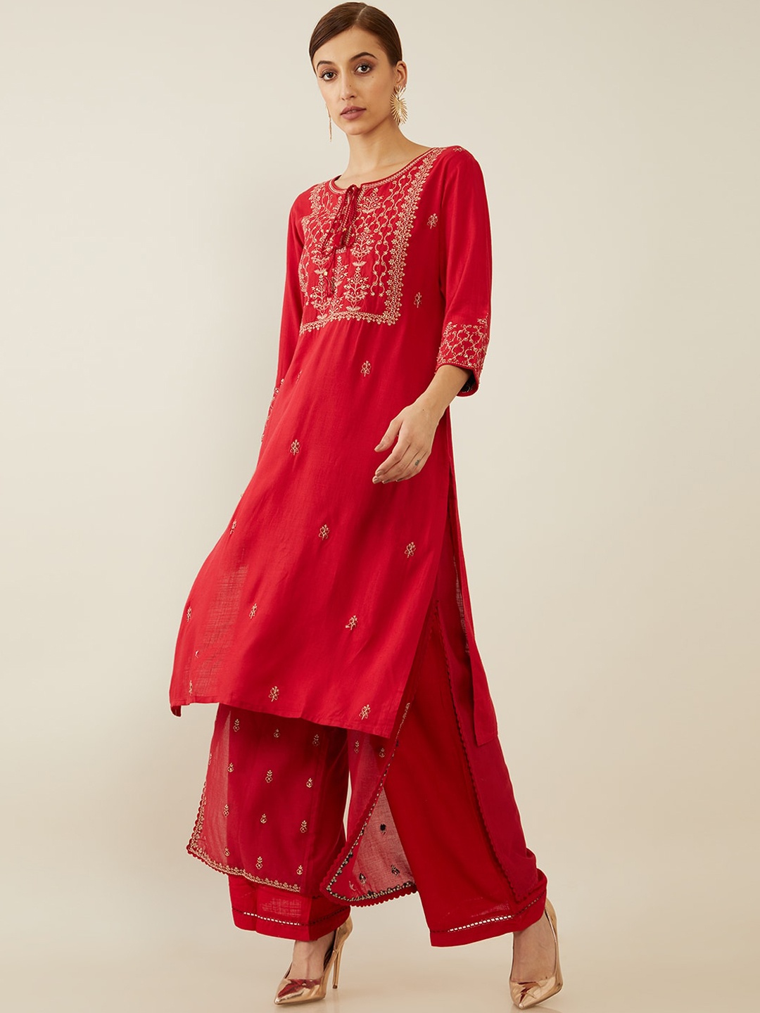 

Soch Women Red Floral Embroidered Empire Kurti with Palazzos