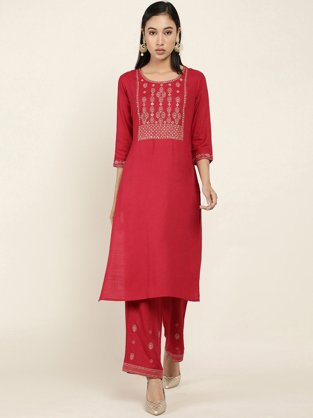 

Soch Women Maroon Ethnic Motifs Yoke Design Kurta with Palazzos