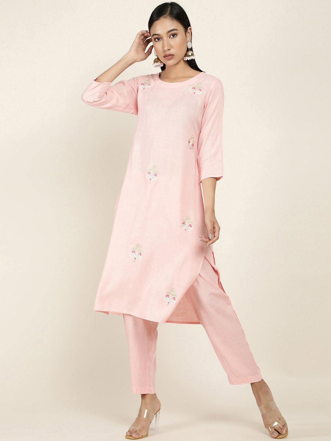 

Soch Women Pink Ethnic Motifs Embroidered Kurta with Trousers