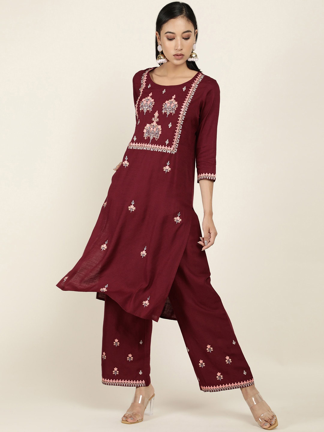 

Soch Women Burgundy Floral Embroidered Empire Kurti with Sharara & With Dupatta