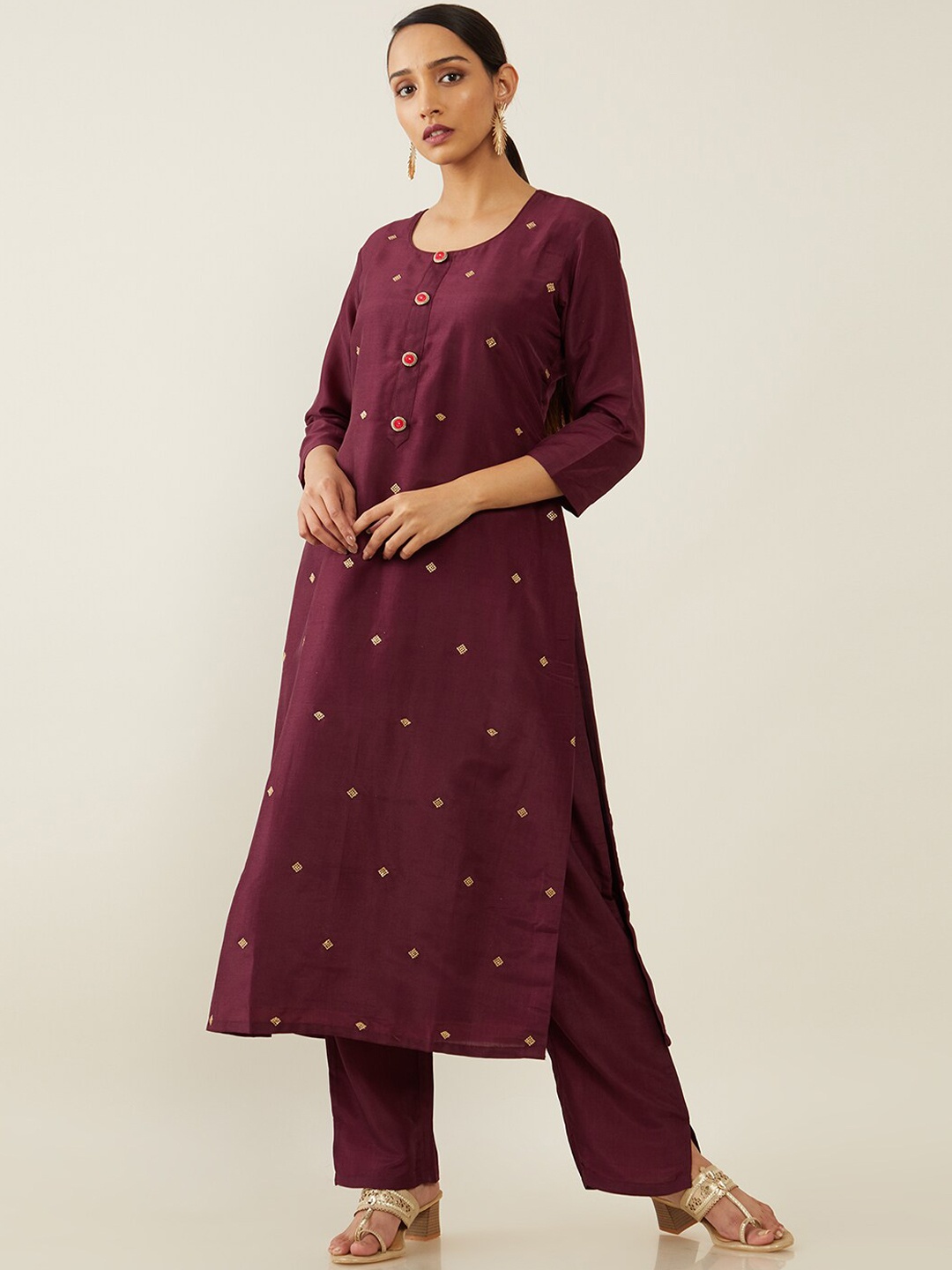 

Soch Women Burgundy Floral Embroidered Kurta with Trousers