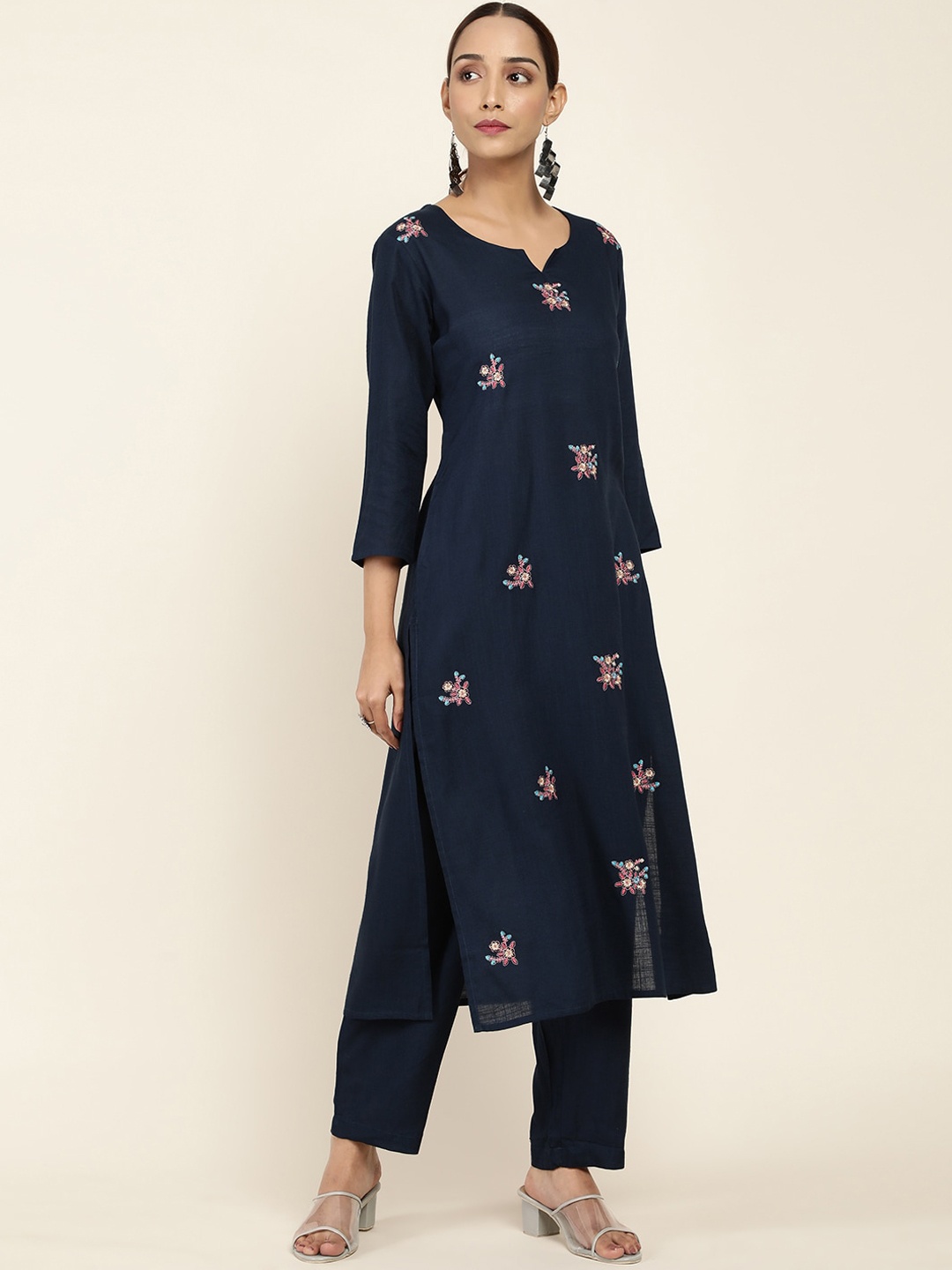 

Soch Women Navy Blue Ethnic Motifs Embroidered Thread Work Kurta with Trousers