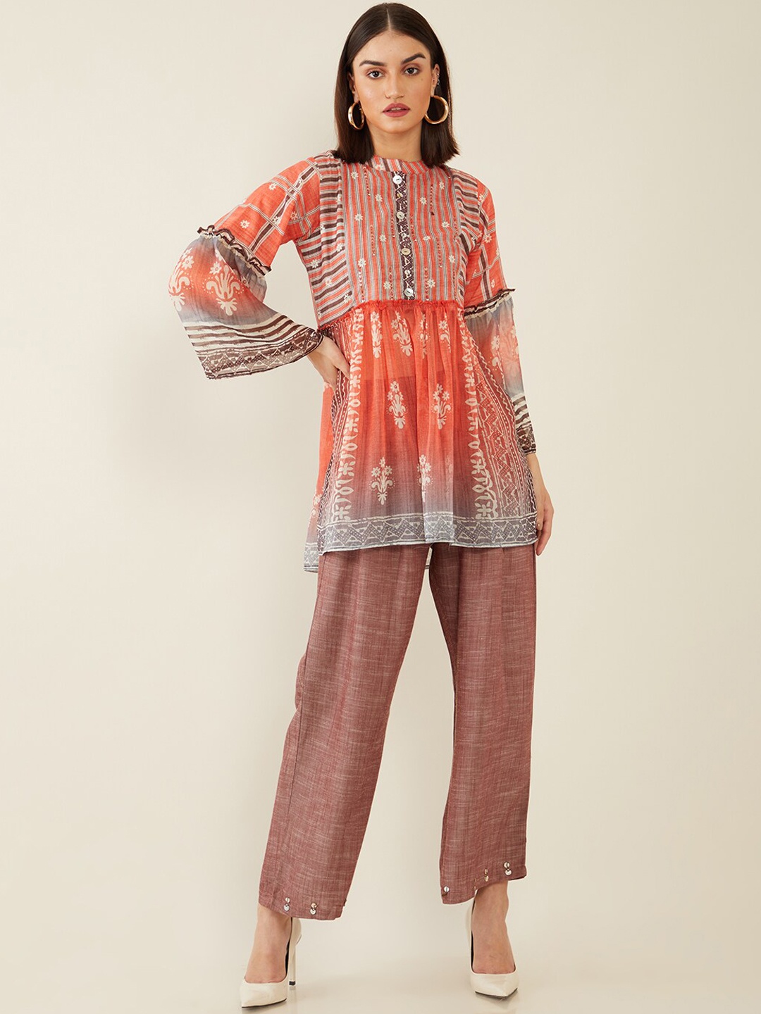 

Soch Women Red Floral Printed Thread Work Kurti with Pyjamas