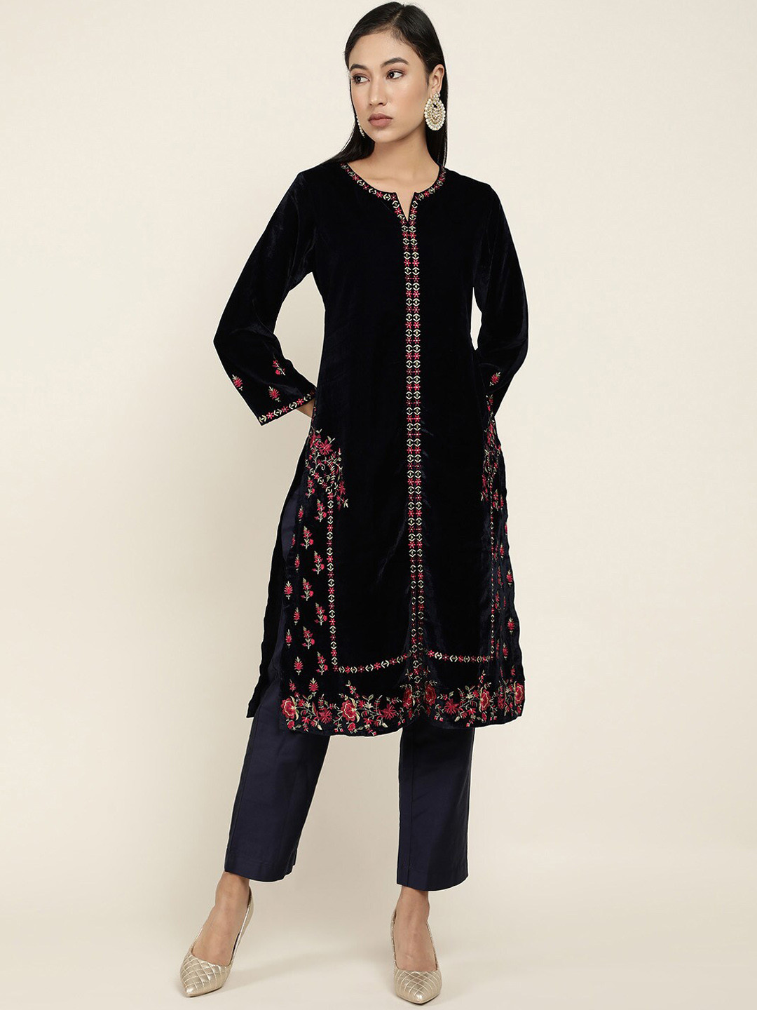 

Soch Women Navy Blue Ethnic Motifs Embroidered Thread Work Velvet Kurta with Trousers