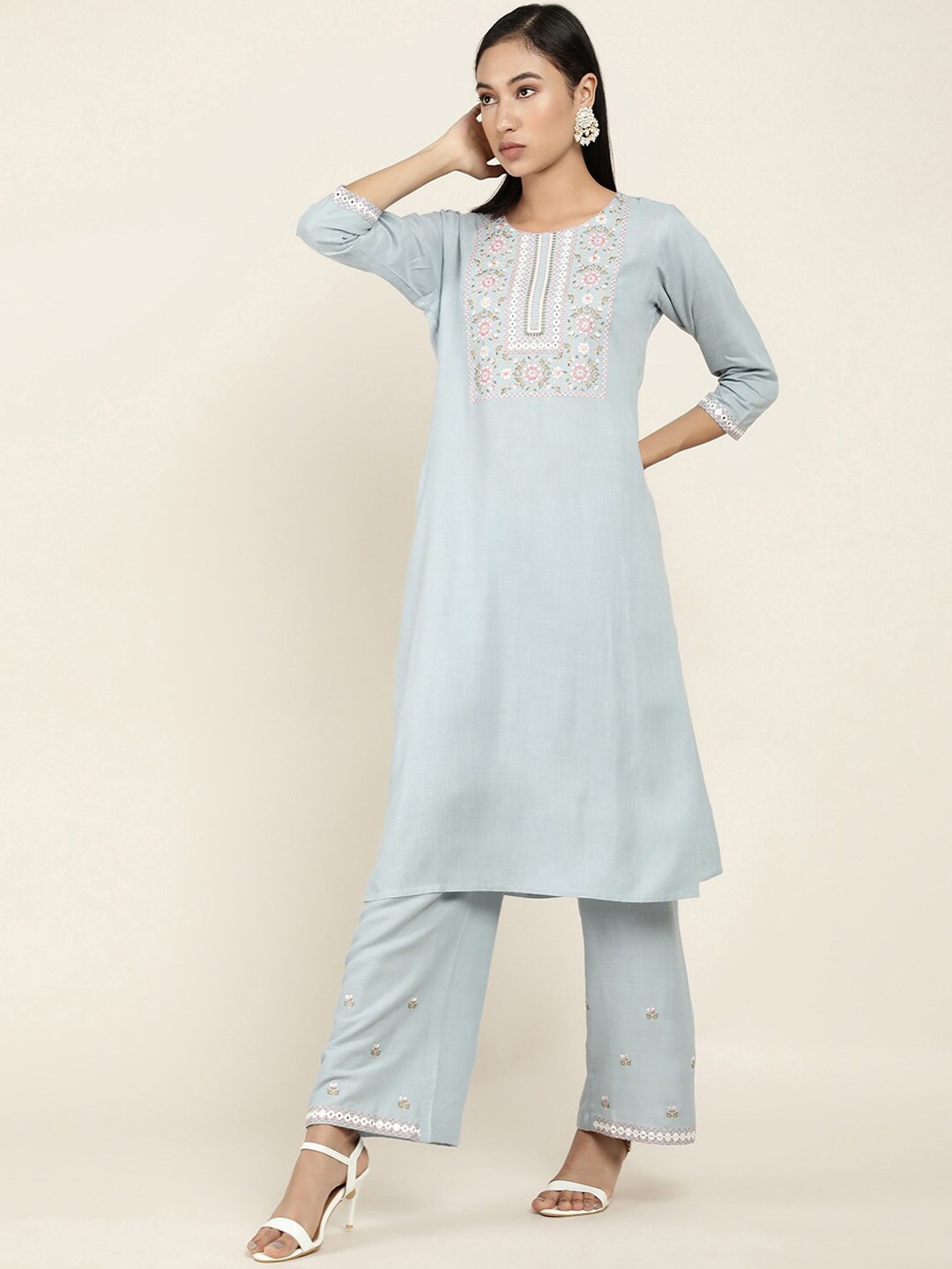 

Soch Women Blue & Pink Floral Yoke Design Embroidered Kurta With Trousers