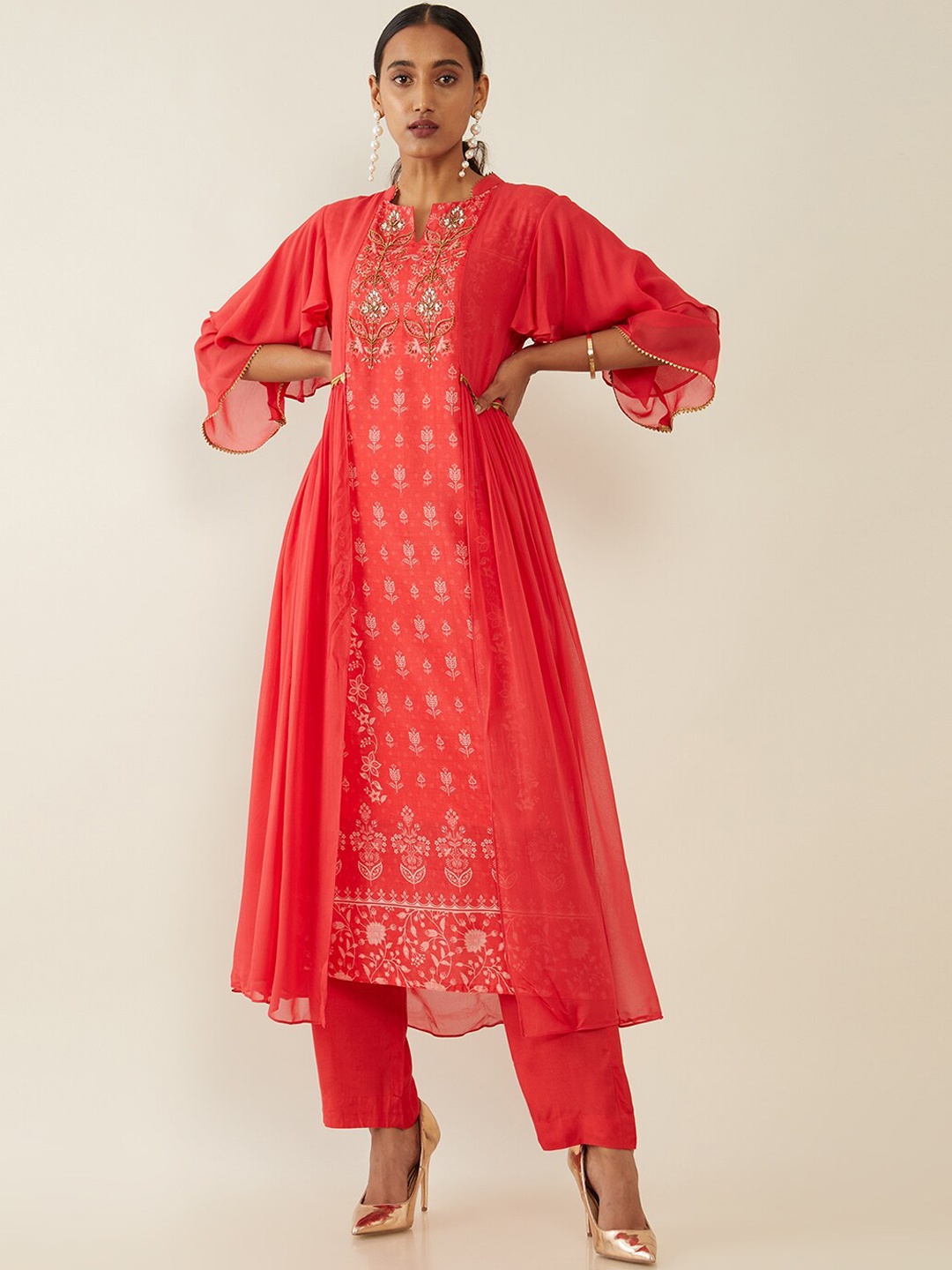 

Soch Women Coral Floral Embroidered Panelled Kurta with Trousers & With Dupatta
