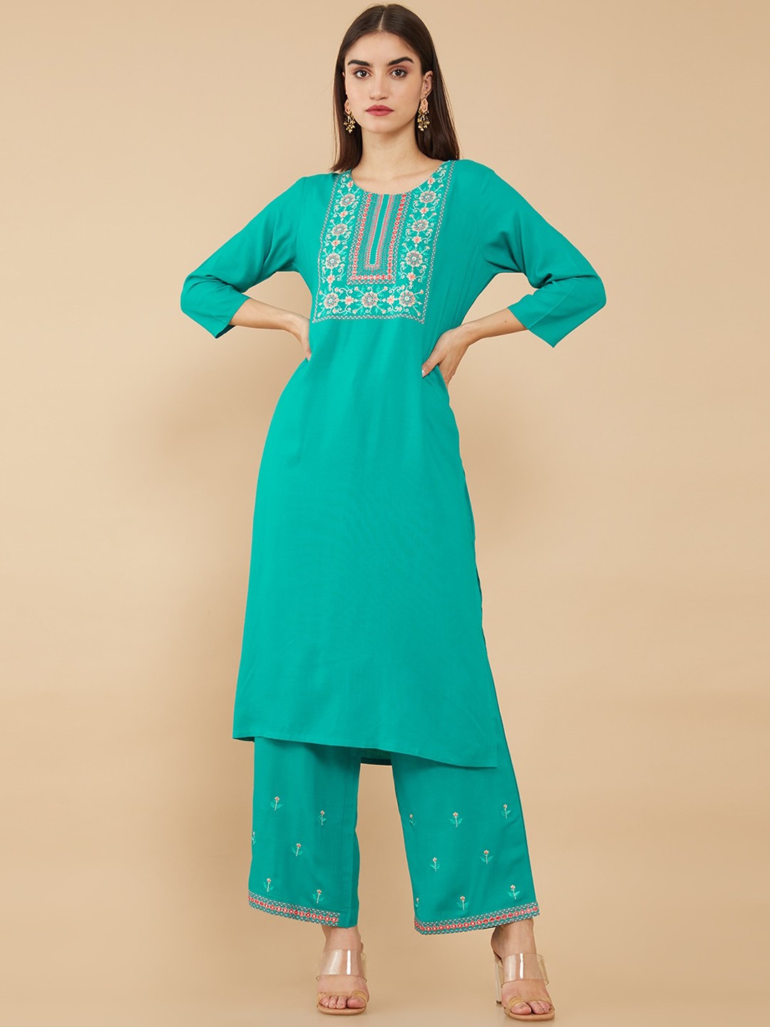 

Soch Women Teal Floral Yoke Design Thread Work Kurta with Palazzos