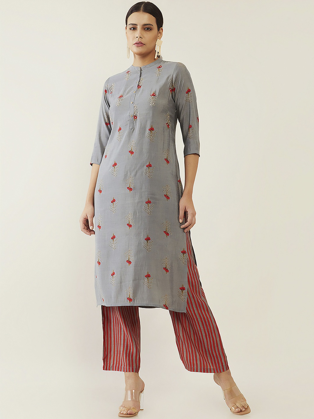 

Soch Women Grey Ethnic Motifs Embroidered Panelled Kurti with Trousers