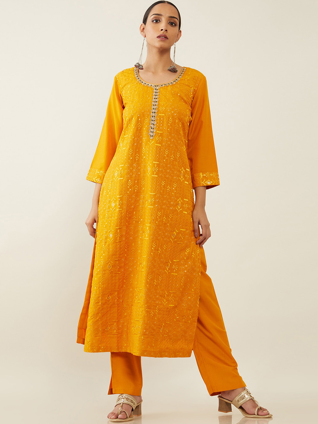 

Soch Women Mustard Yellow Embroidered Thread Work Kurta with Trousers