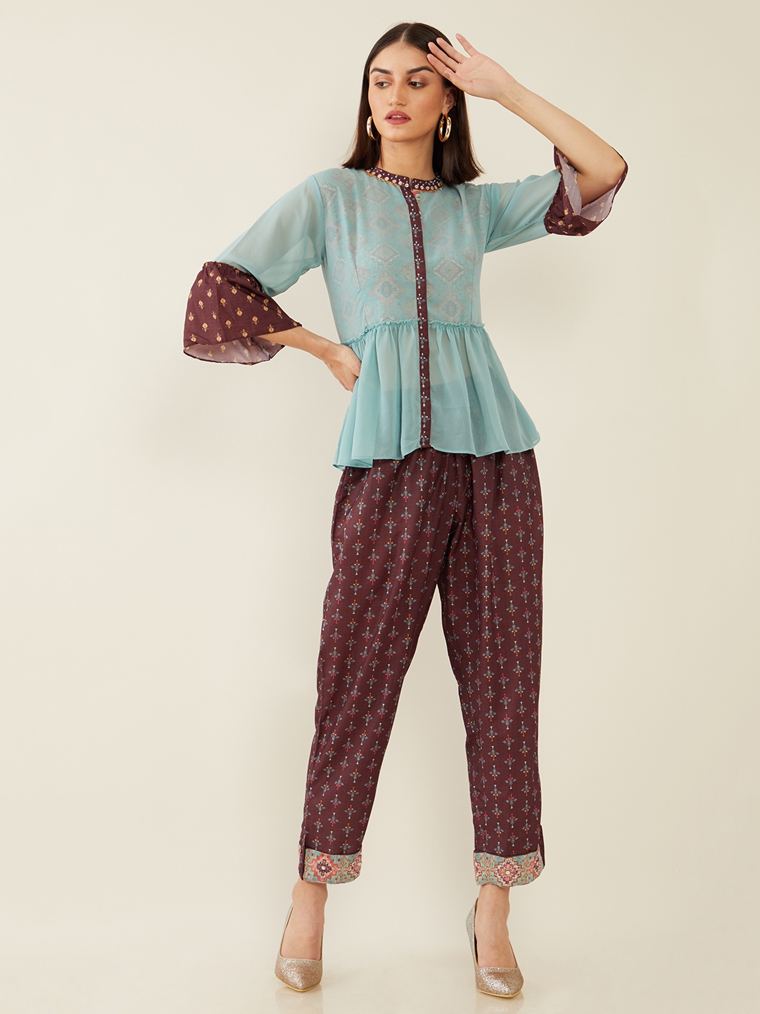 

Soch Women Blue Printed Layered Top with Trousers