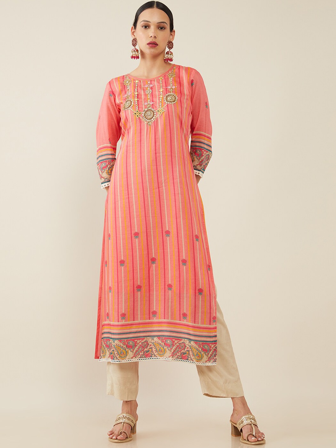 

Soch Women Pink Floral Embroidered Sequinned Kurta with Trousers