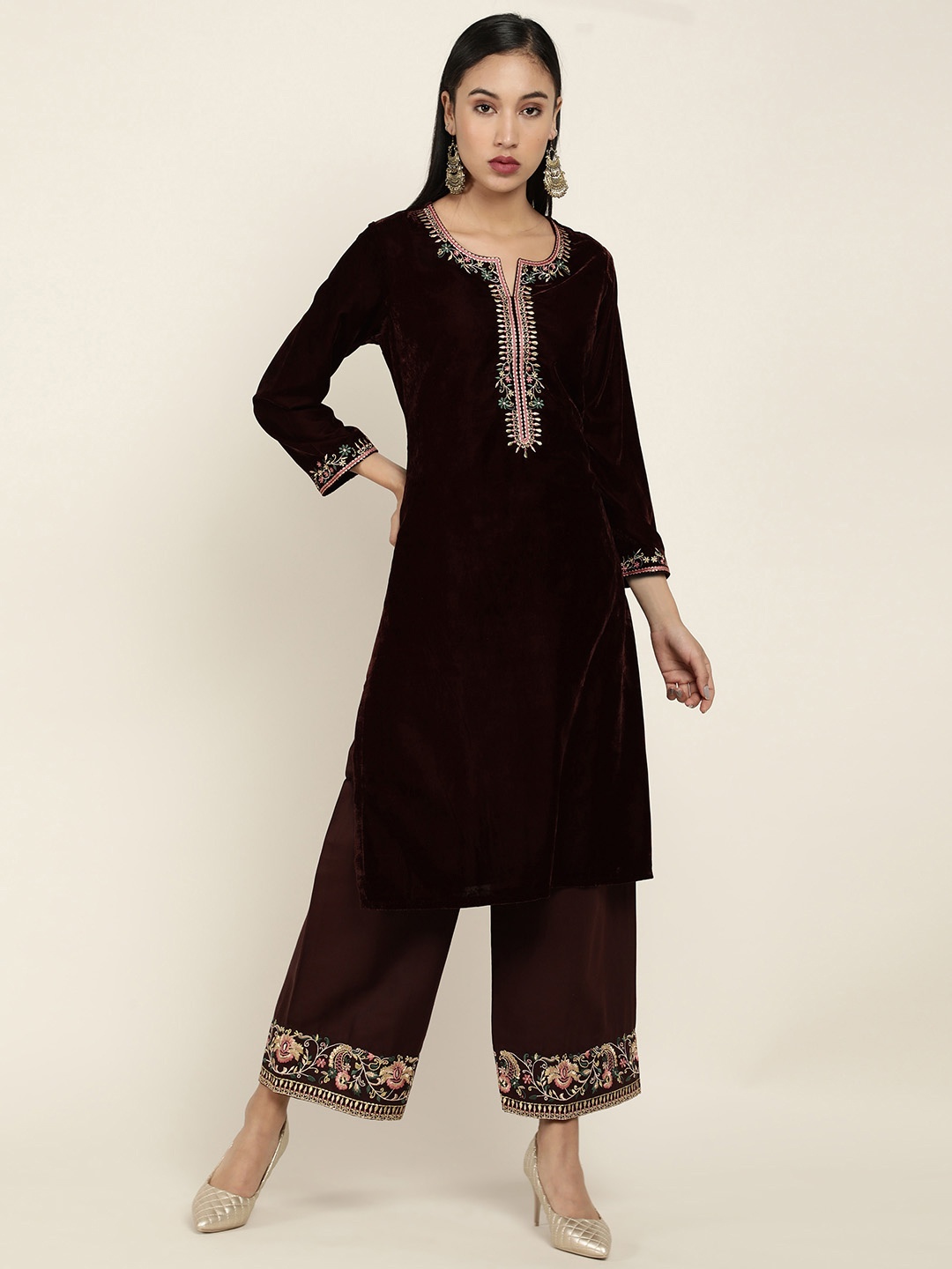 

Soch Women Brown Ethnic Motifs Embroidered Velvet Kurta with Trousers