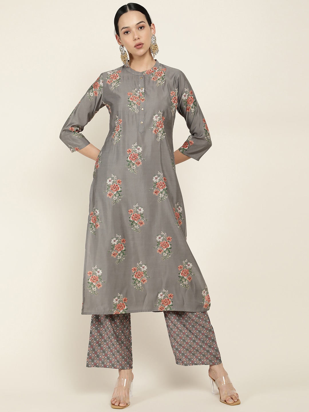 

Soch Grey Floral Printed Kurta with Trousers