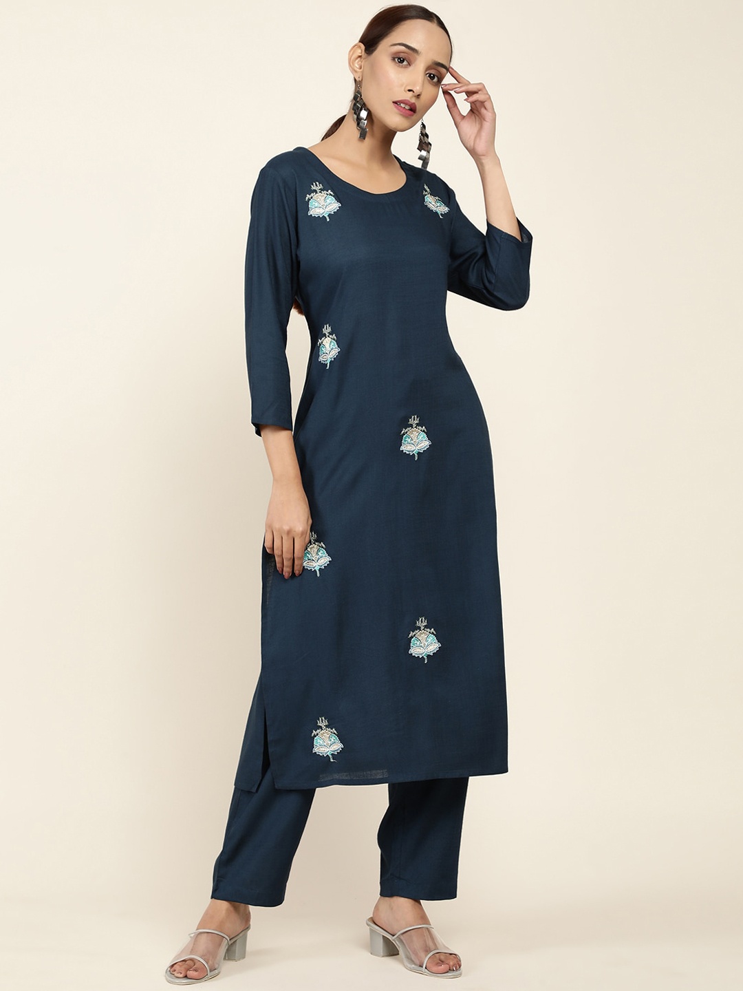 

Soch Women Teal Floral Embroidered Kurta with Trousers