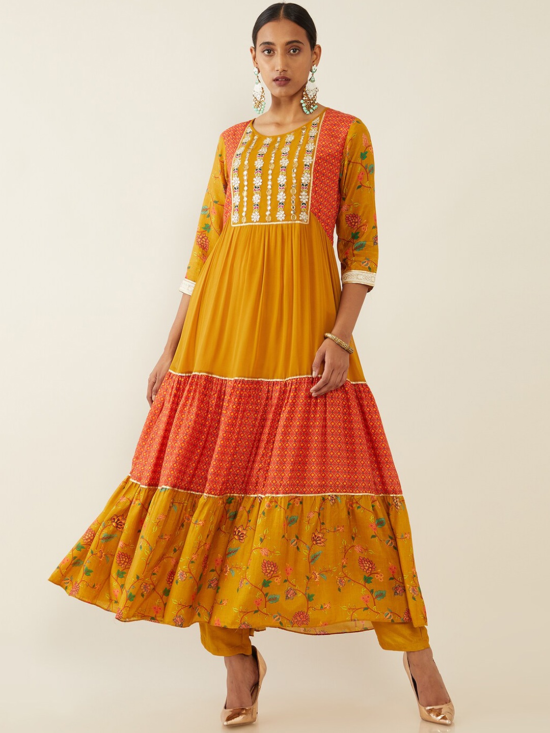 

Soch Women Mustard Yellow Floral Tiered Kurta with Trousers