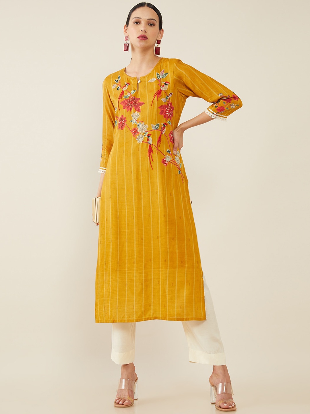 

Soch Women Mustard Yellow Floral Embroidered Thread Work Kurta with Trousers