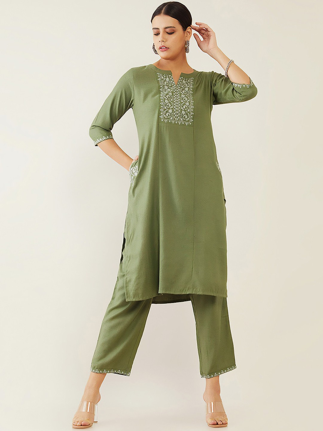 

Soch Women Olive Green Yoke Design Pleated Kurta with Trousers