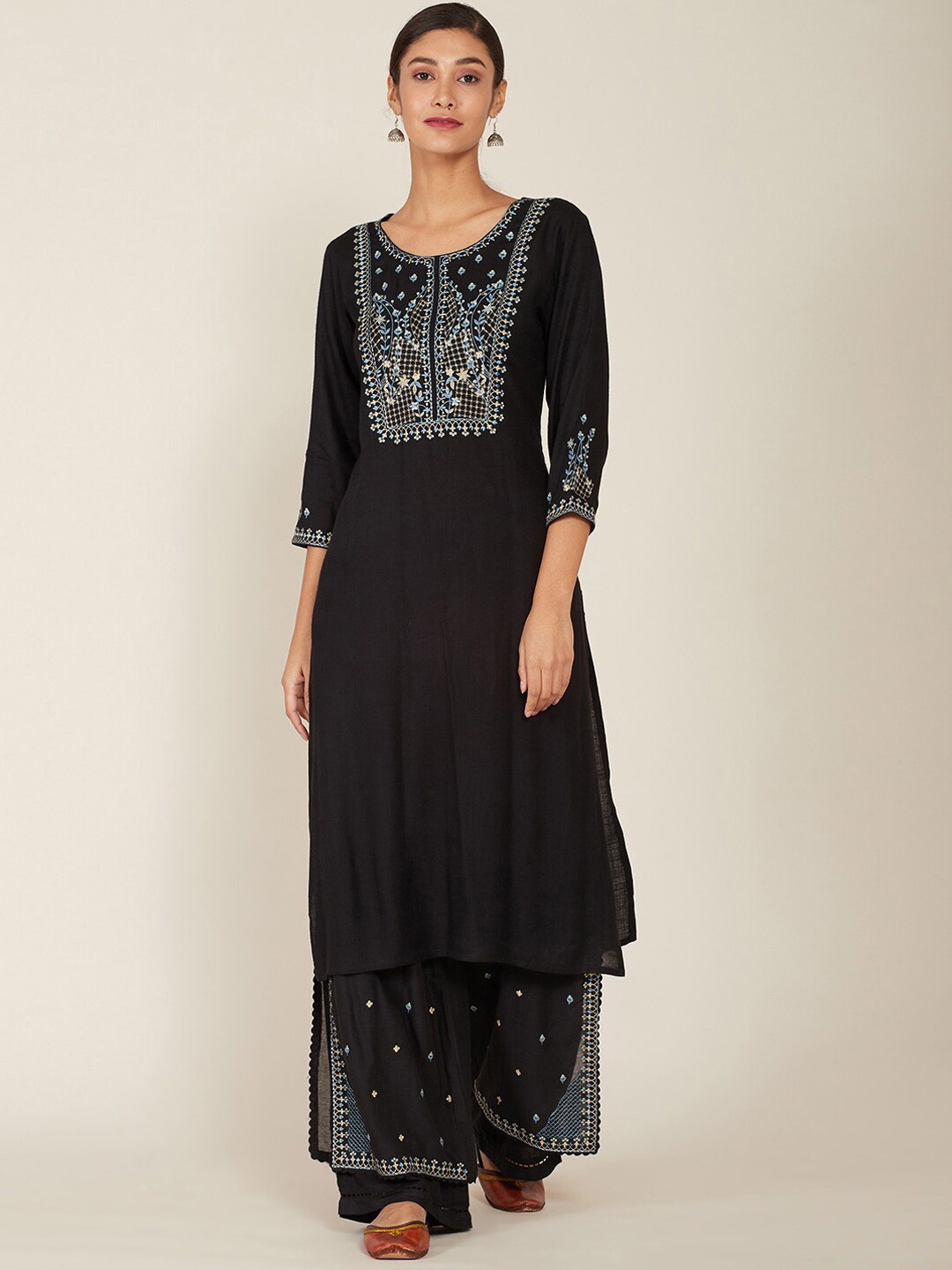 

Soch Women Black Ethnic Motifs Yoke Design Thread Work Kurta with Palazzos
