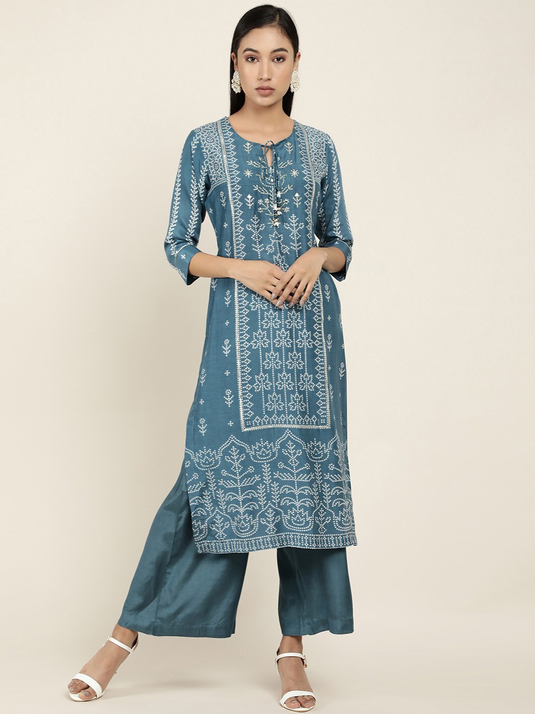

Soch Women Blue Ethnic Motifs Printed Kurta with Trousers