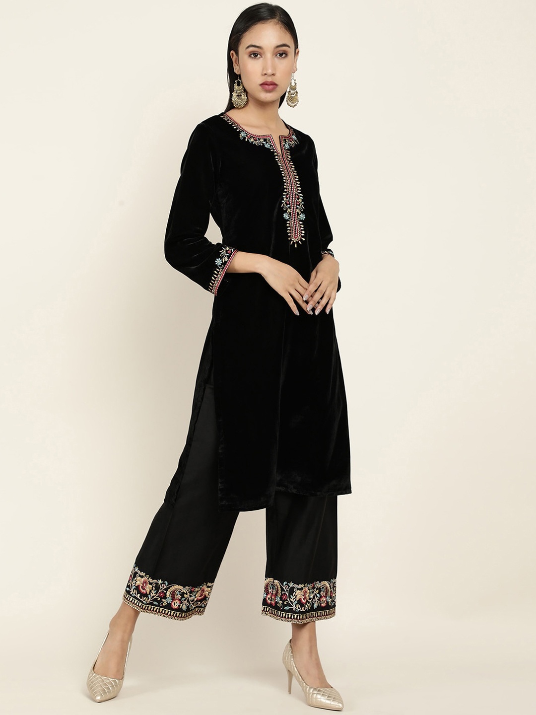 

Soch Women Black Floral Yoke Design Thread Work Velvet Kurta with Palazzos