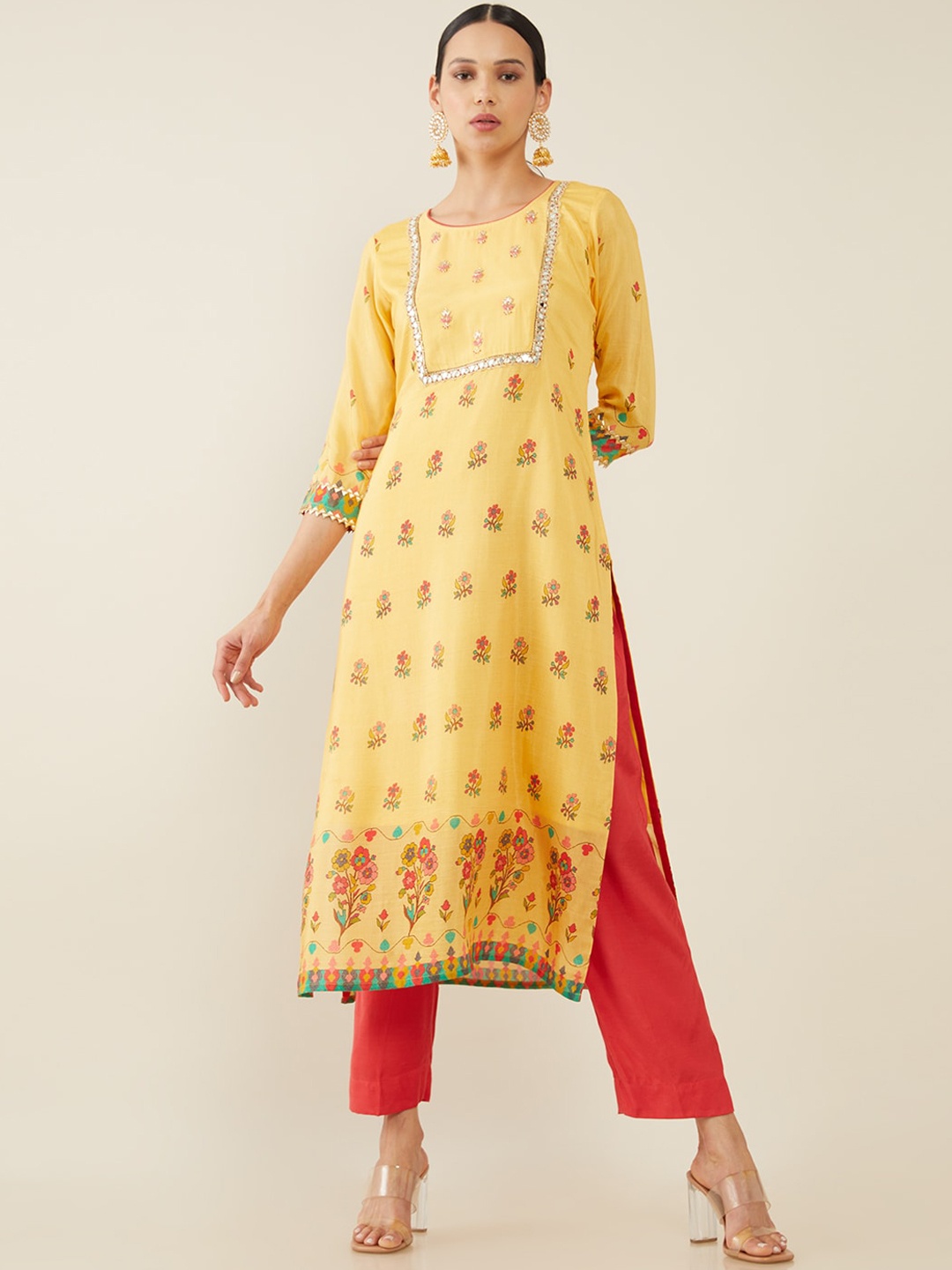 

Soch Women Yellow Ethnic Motifs Printed Mirror Work Kurta with Trousers