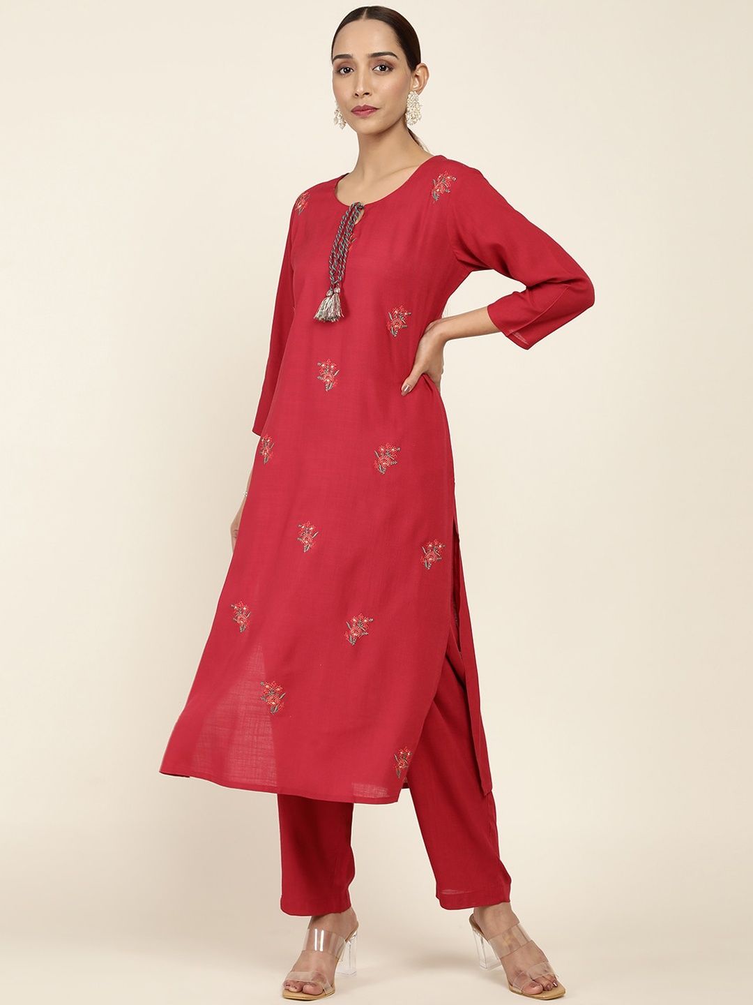 

Soch Women Maroon Embroidered Kurta with Trousers