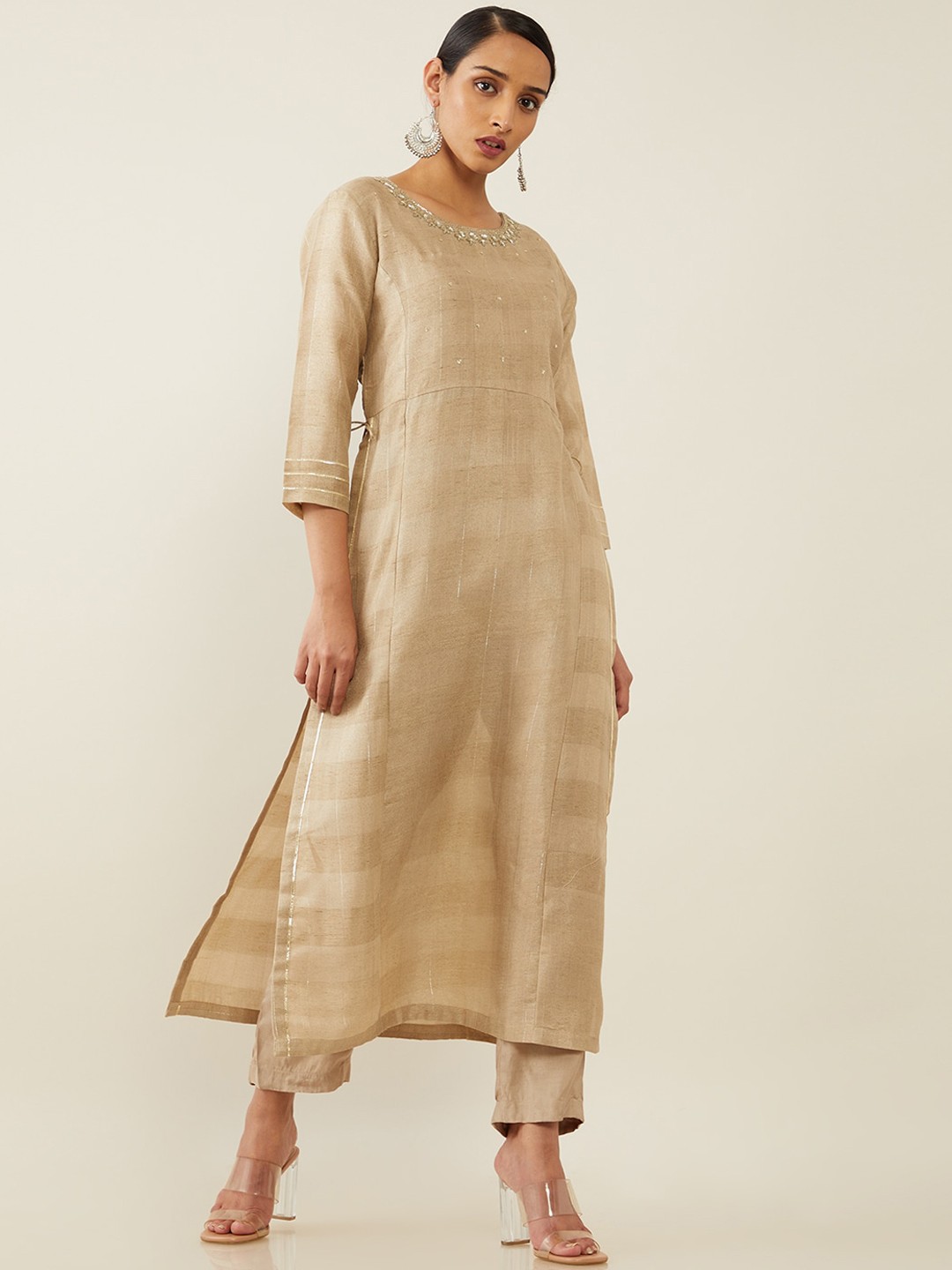 

Soch Women Grey Embroidered Pleated Kurta with Trousers