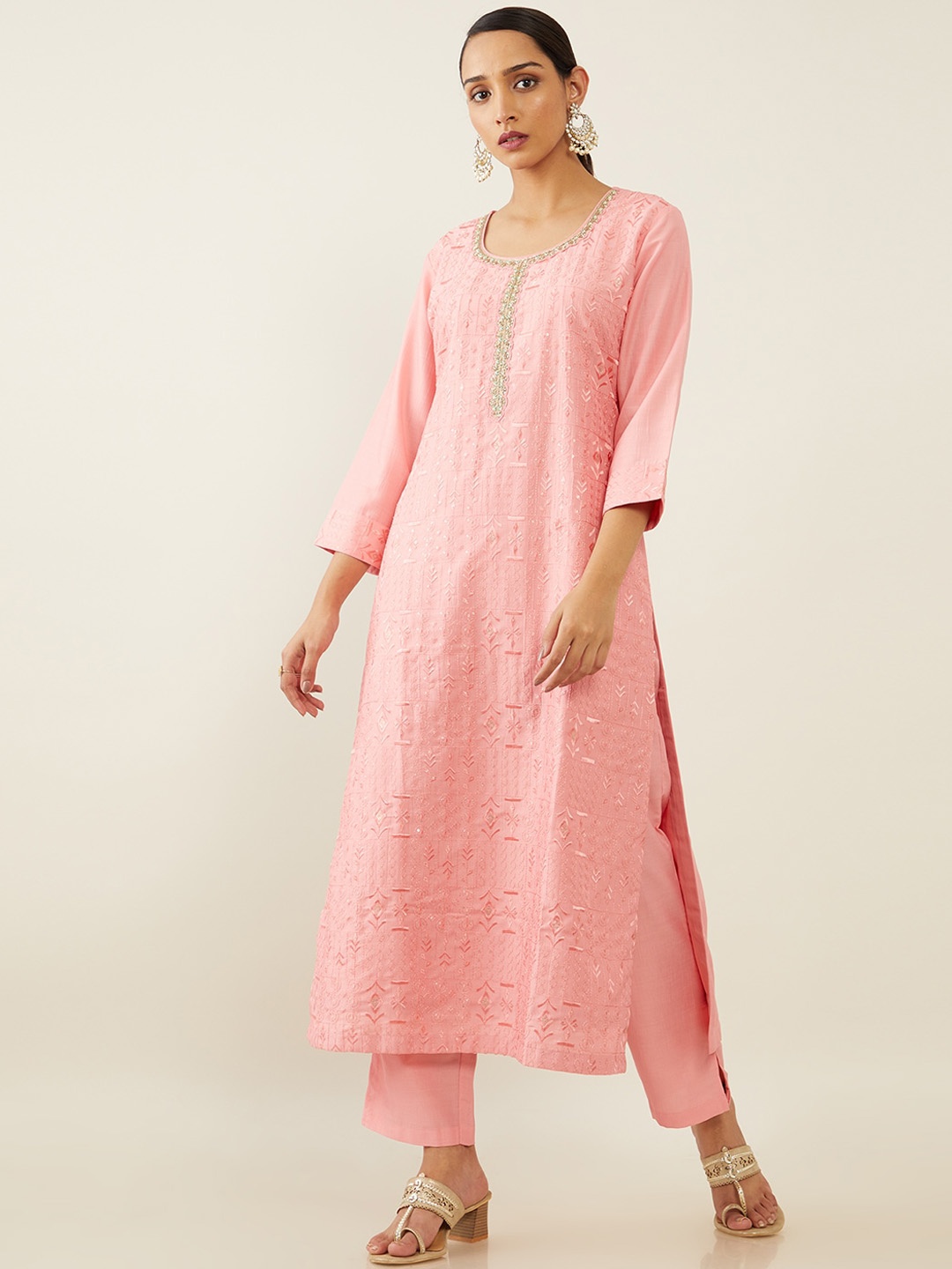 

Soch Women Pink Ethnic Motifs Embroidered Kurta with Trousers