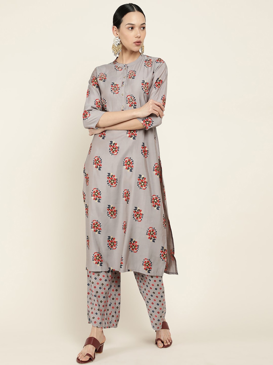 

Soch Women Grey Ethnic Motifs Printed Thread Work Kurta with Trousers