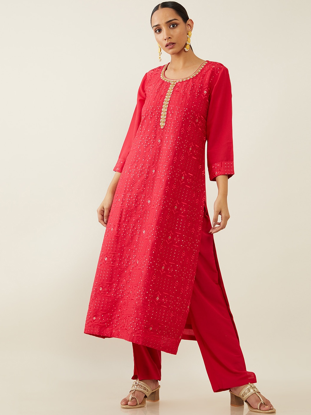 

Soch Women Red Floral Embroidered Sequinned Kurta with Trousers