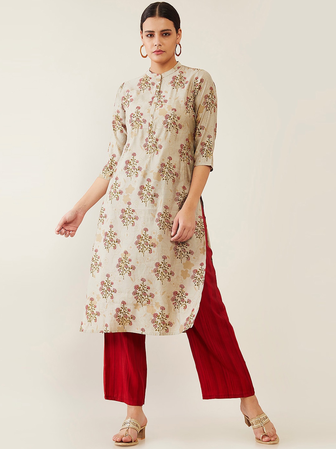 

Soch Women Off White Ethnic Motifs Printed Thread Work Kurta with Palazzos