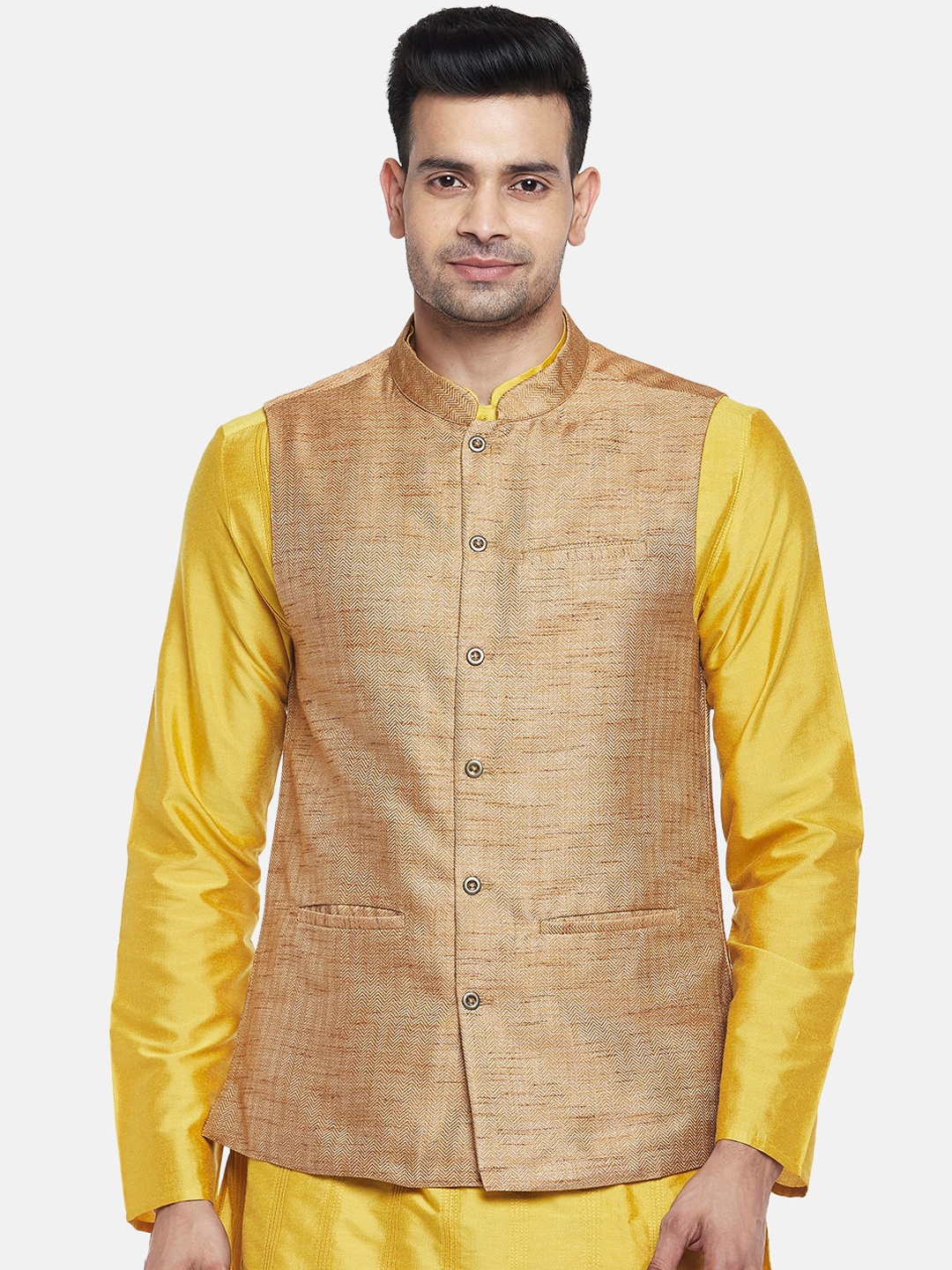 

indus route by Pantaloons Men Gold Woven Design Ethnic Nehru Jacket