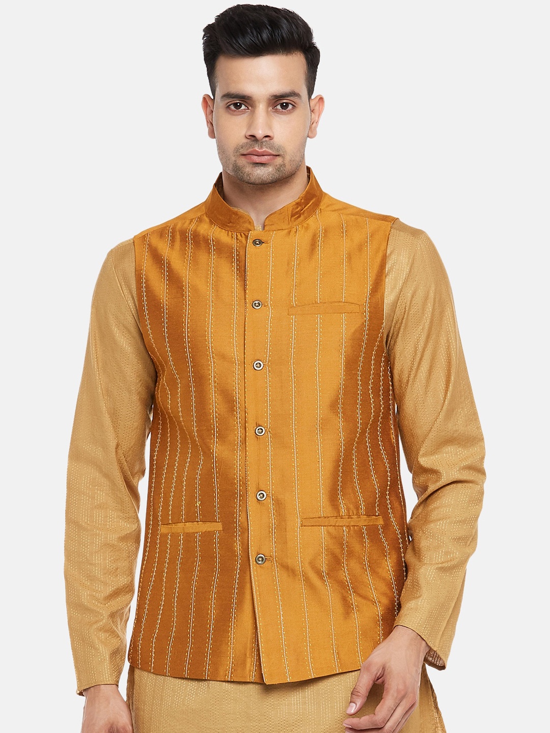 

indus route by Pantaloons Men Mustard Striped Ethnic Nehru Jacket