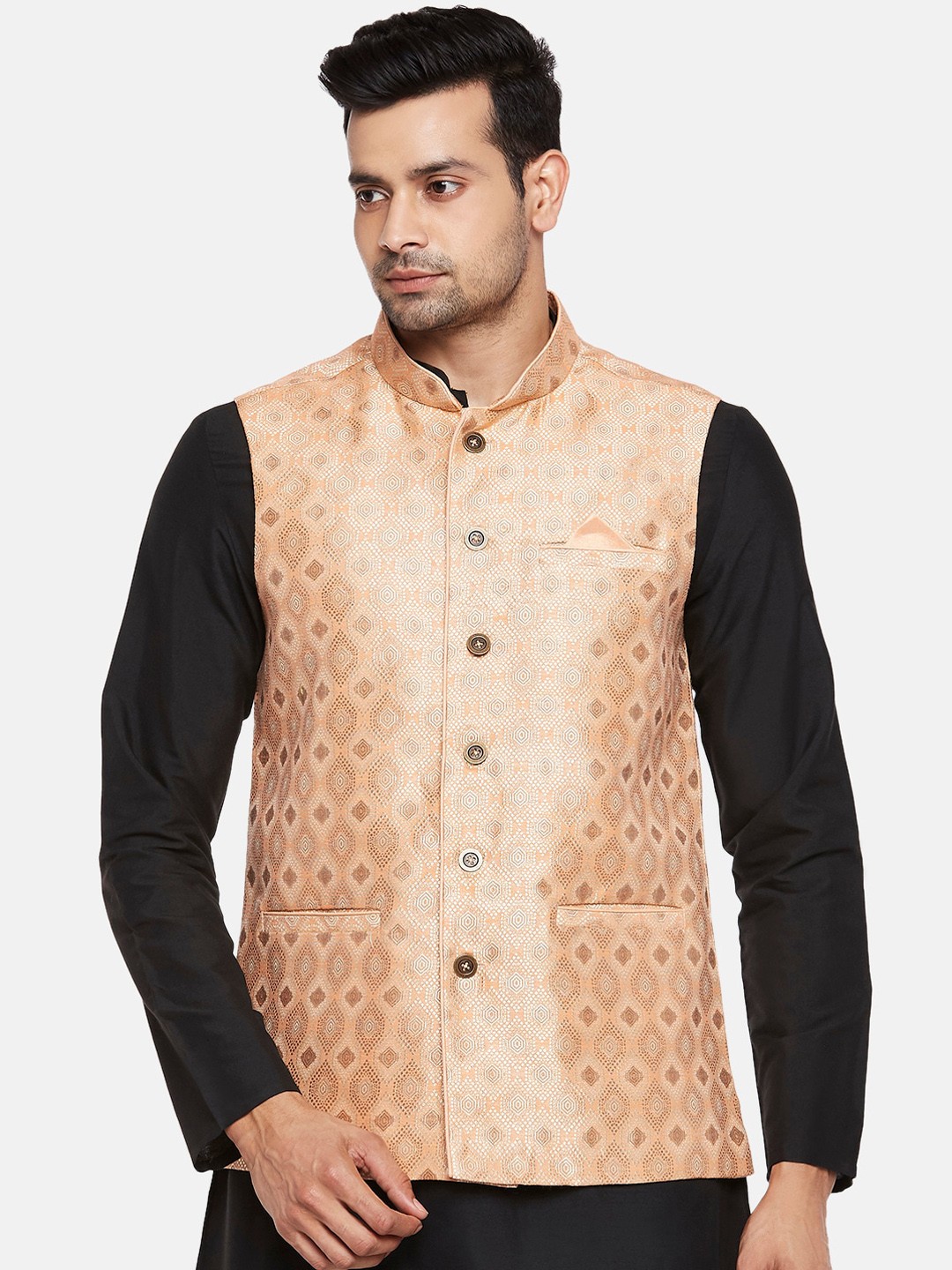 

indus route by Pantaloons Men Coral Woven Design Ethnic Nehru Jacket
