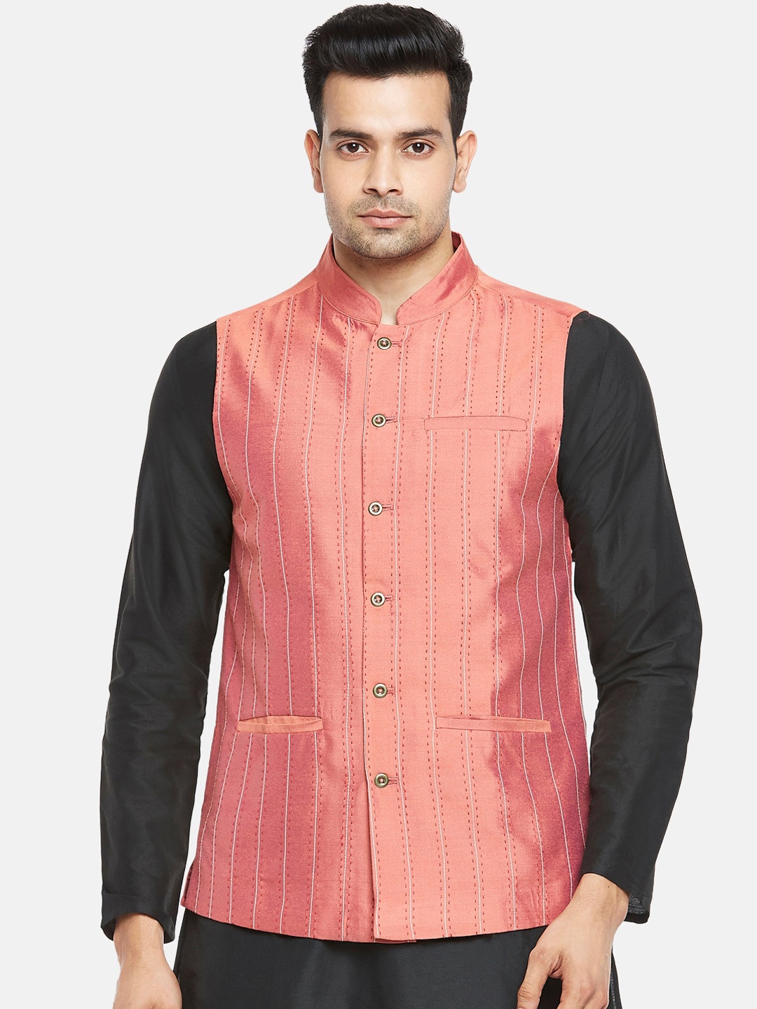 

indus route by Pantaloons Men Rust Woven Design Ethnic Nehru Jacket
