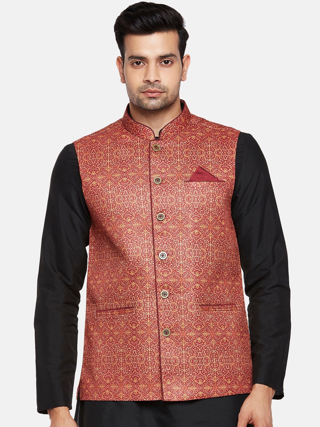

indus route by Pantaloons Men Red Printed Design Ethnic Nehru Jacket