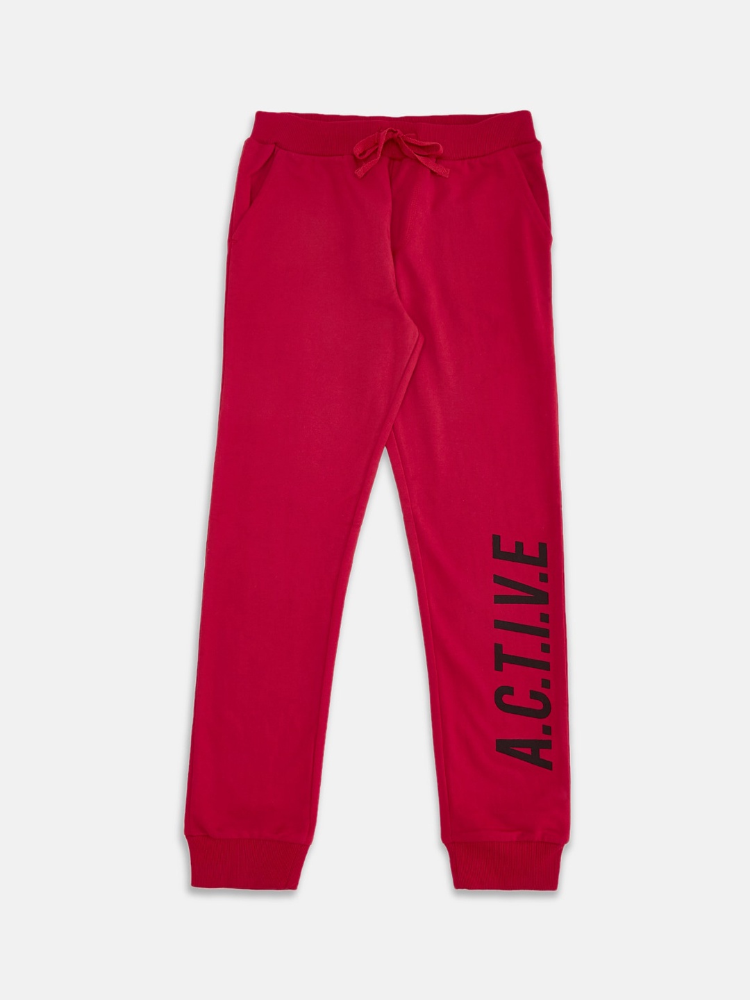 

Pantaloons Junior Boys Red Solid Pure Cotton Joggers with Print Detail