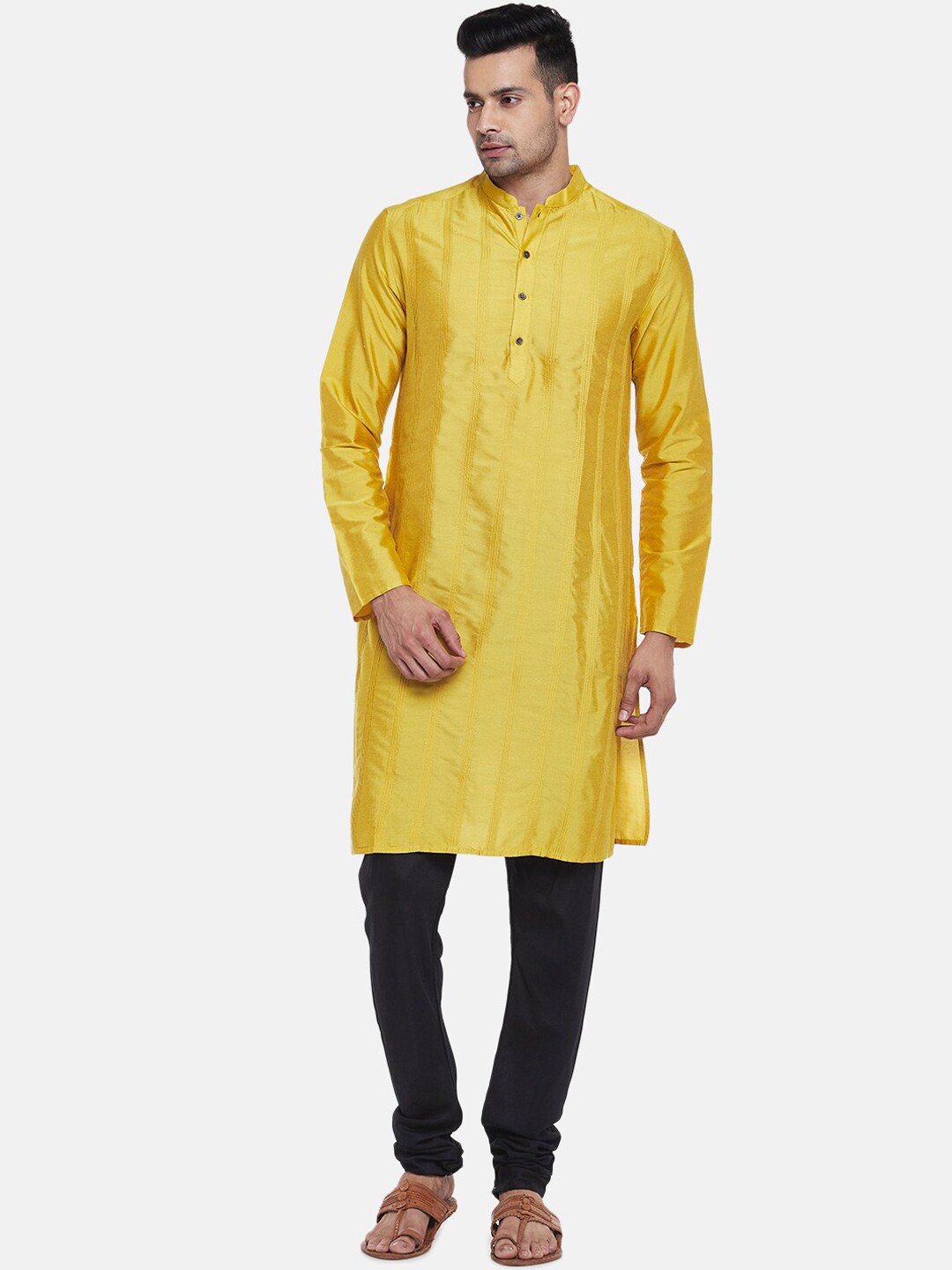 

indus route by Pantaloons Men Mustard Yellow Self-Design Kurta
