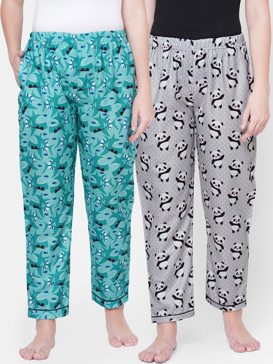 

FashionRack Women Pack Of 2 Green & Grey Printed Cotton Lounge Pants