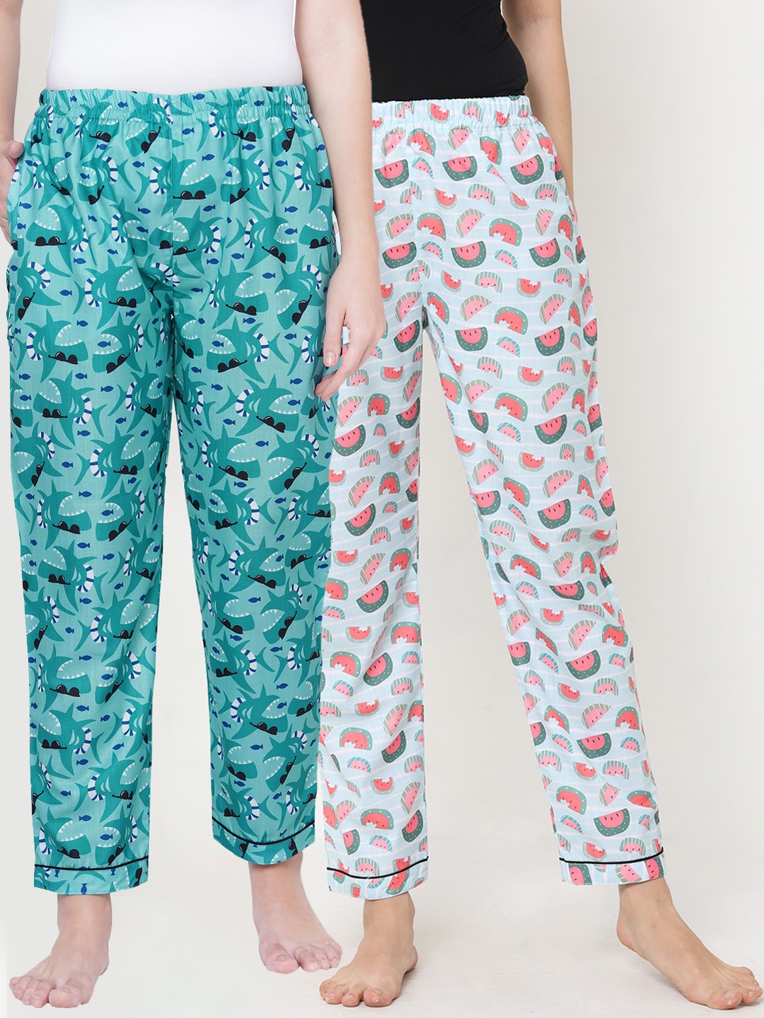 

FashionRack Women Pack Of 2 Green & Blue Printed Cotton Lounge Pants