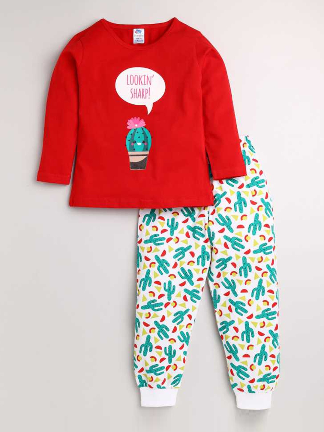 

Dear to Dad Girls Red & White Pure Cotton Printed Top with Trousers