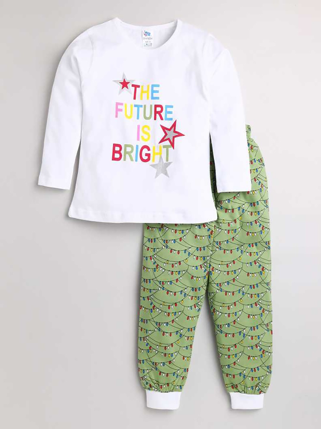 

Dear to Dad Girls White & Olive Green Printed Night suit