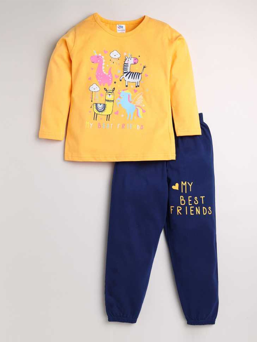 

Dear to Dad Girls Yellow & Blue Printed Pure Cotton Night suit